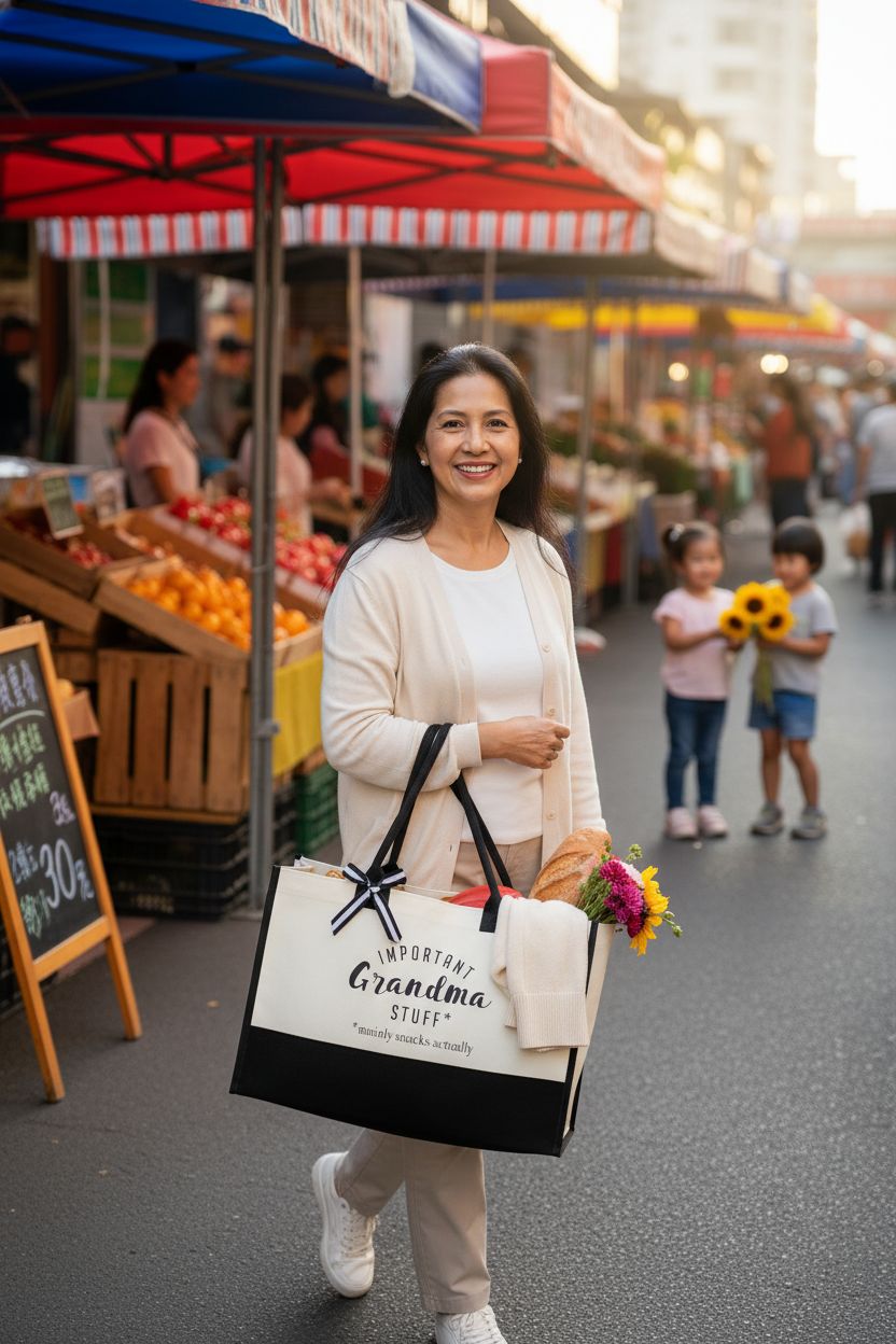 FORBIDDEN PAPER Grandma Tote Bag at a vibrant farmers' market, perfect for outings.