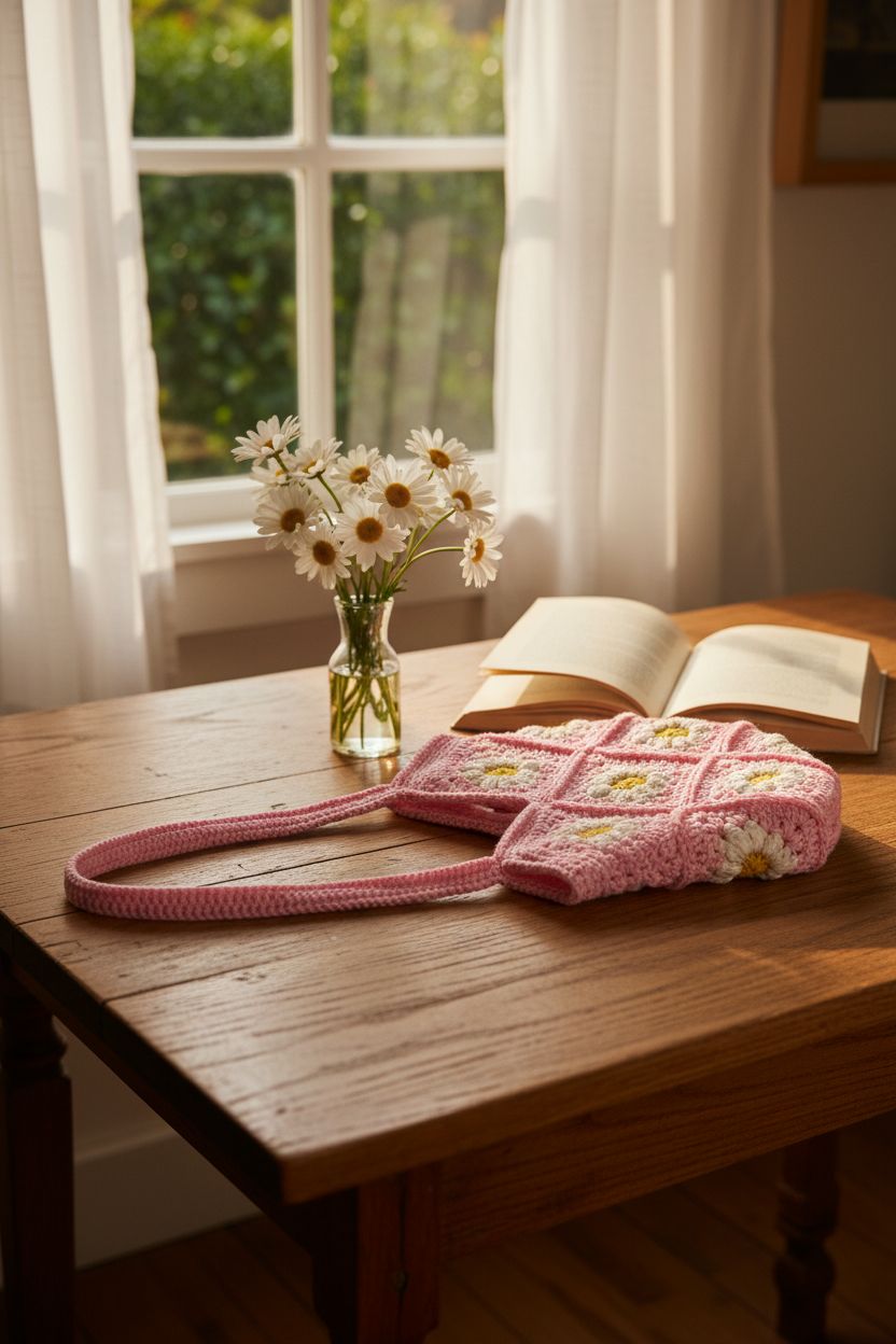 Cozy scene with Herrida pink granny square bag and fresh daisies on a rustic table.