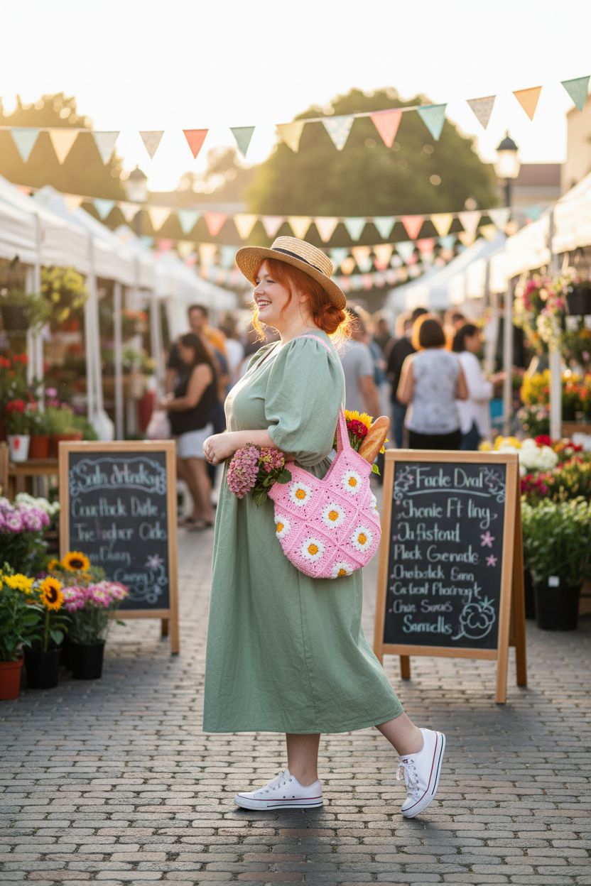 Pink granny square daisy tote bag by Herrida at a farmers' market with fresh flowers and a baguette.