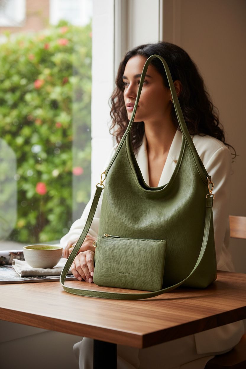 Montana West green leather hobo bag on a café table with a matcha drink