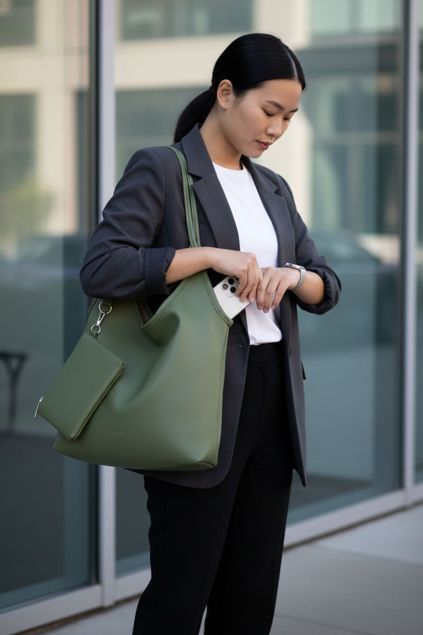 Montana West green leather hobo bag being used in a modern office setting