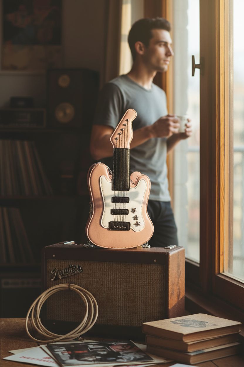 QZUnique guitar purse showcased on a vintage amp, highlighting its PU leather and details.
