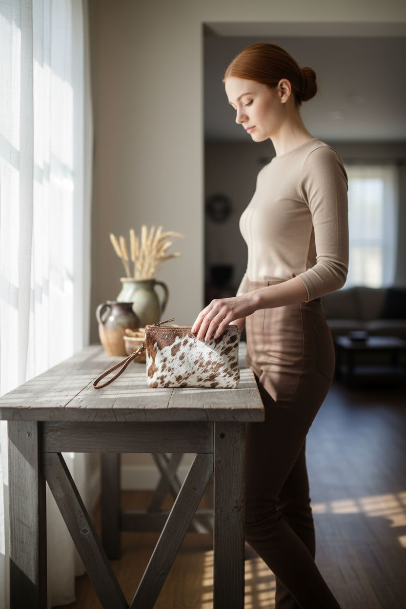 Myra Bag Women's Hair-On Hide Small Pouch Wristlet placed on a rustic console with natural sunlight.
