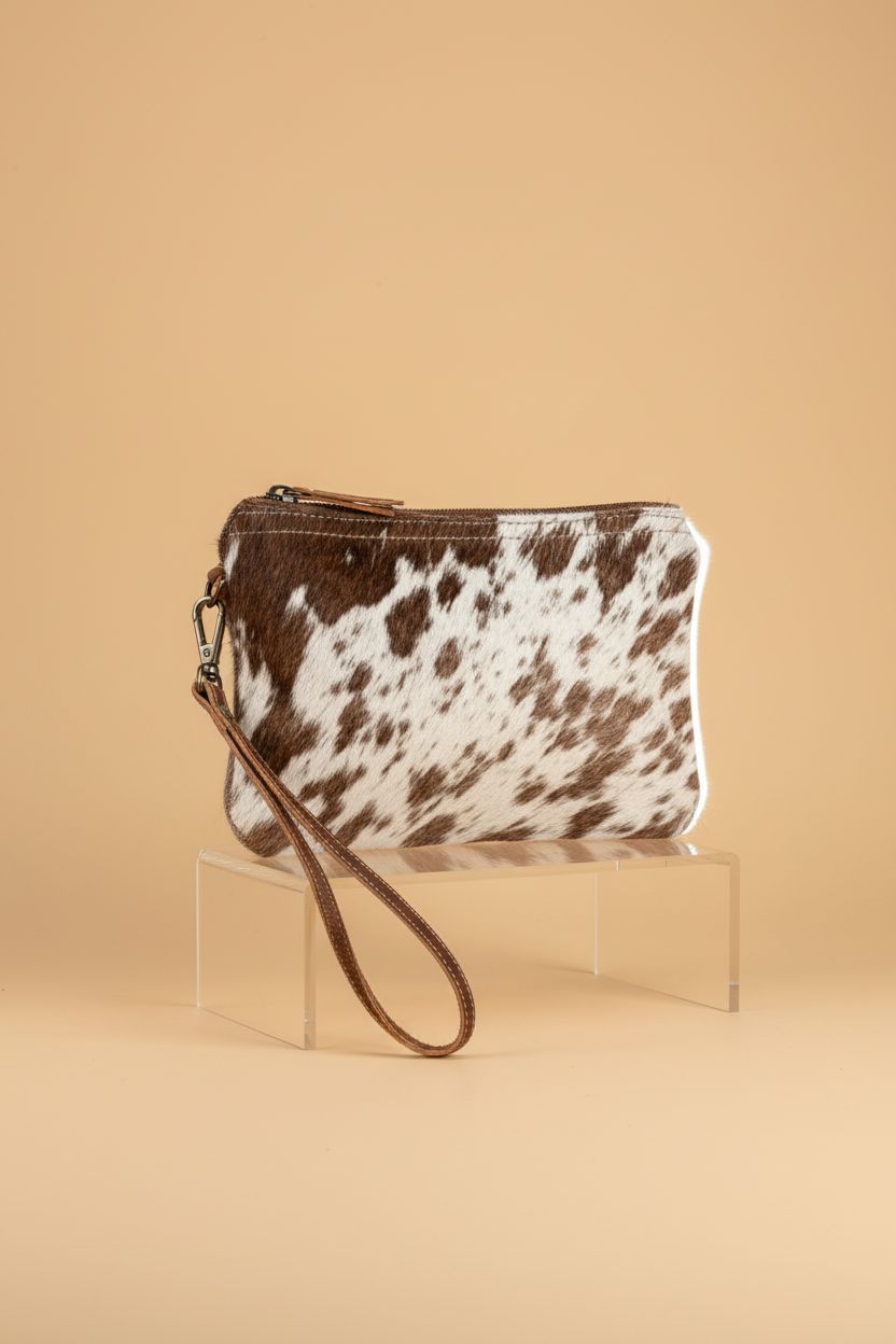 Myra Bag Hair-On Hide Small Pouch Wristlet showcasing its texture and details on a seamless backdrop.