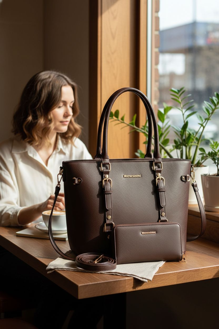 Montana West tote bag beside a cappuccino in a cozy café setting, ideal for planning