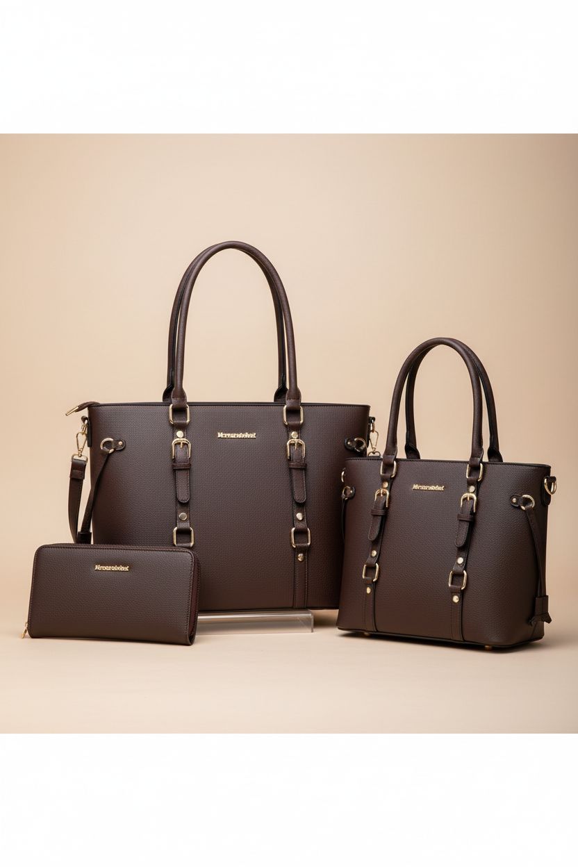 Montana West leather handbag and wallet set showcased on a beige background with elegant lighting