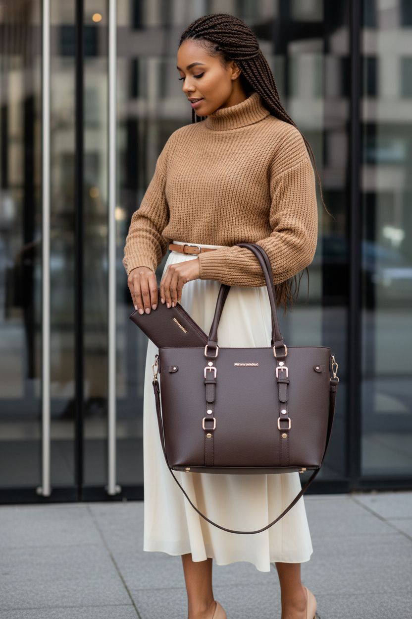 Montana West dark brown leather handbag with gold hardware styled with neutral outfit