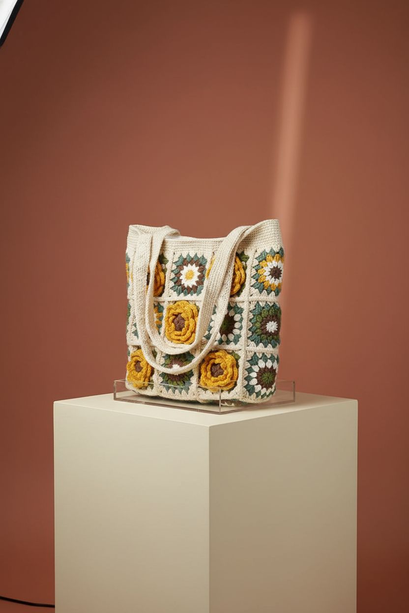 EAZINUJKY crochet boho shoulder bag on clean editorial set showcasing details