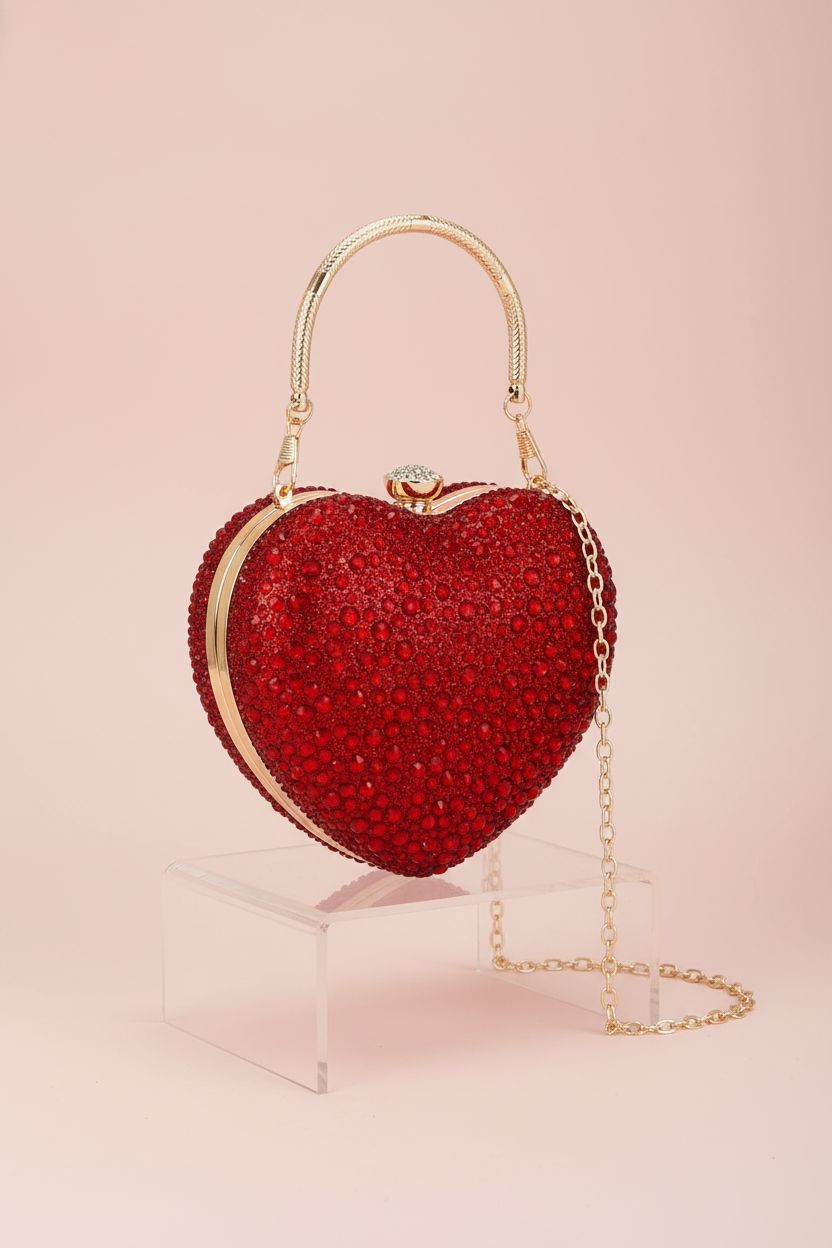 Zeph Hosea heart shaped handbag showcasing exquisite rhinestone details on a blush backdrop