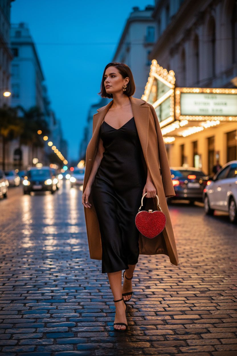 Zeph Hosea heart shaped clutch handbag in elegant evening setting with glistening cobblestones