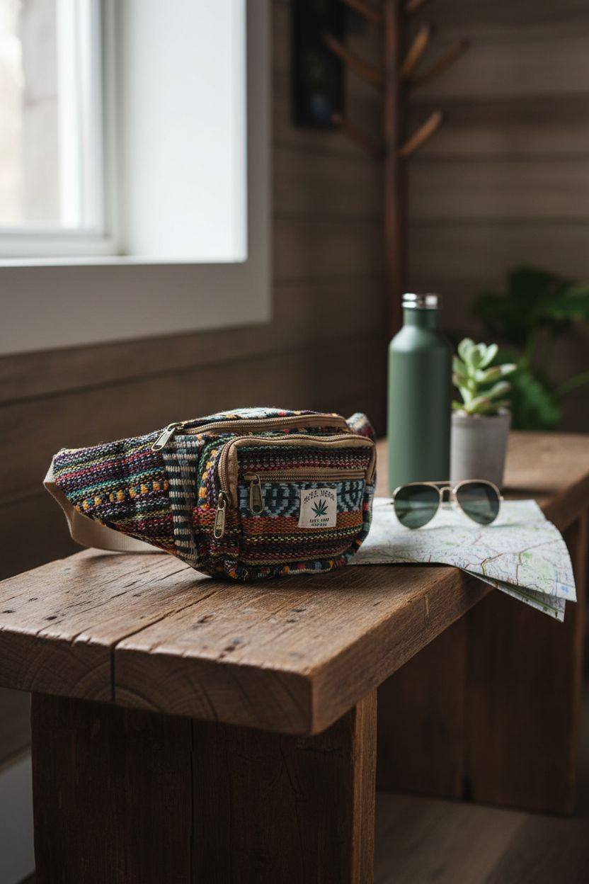 Cozy cabin setting featuring Suman Enterprises hemp fanny pack on a wooden bench