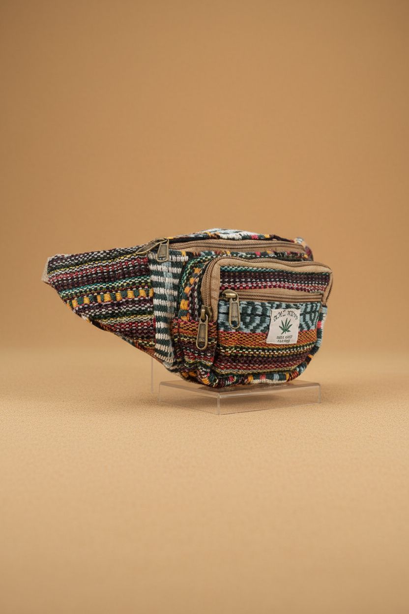 Close-up of Suman Enterprises hemp fanny pack showcasing craftsmanship and texture