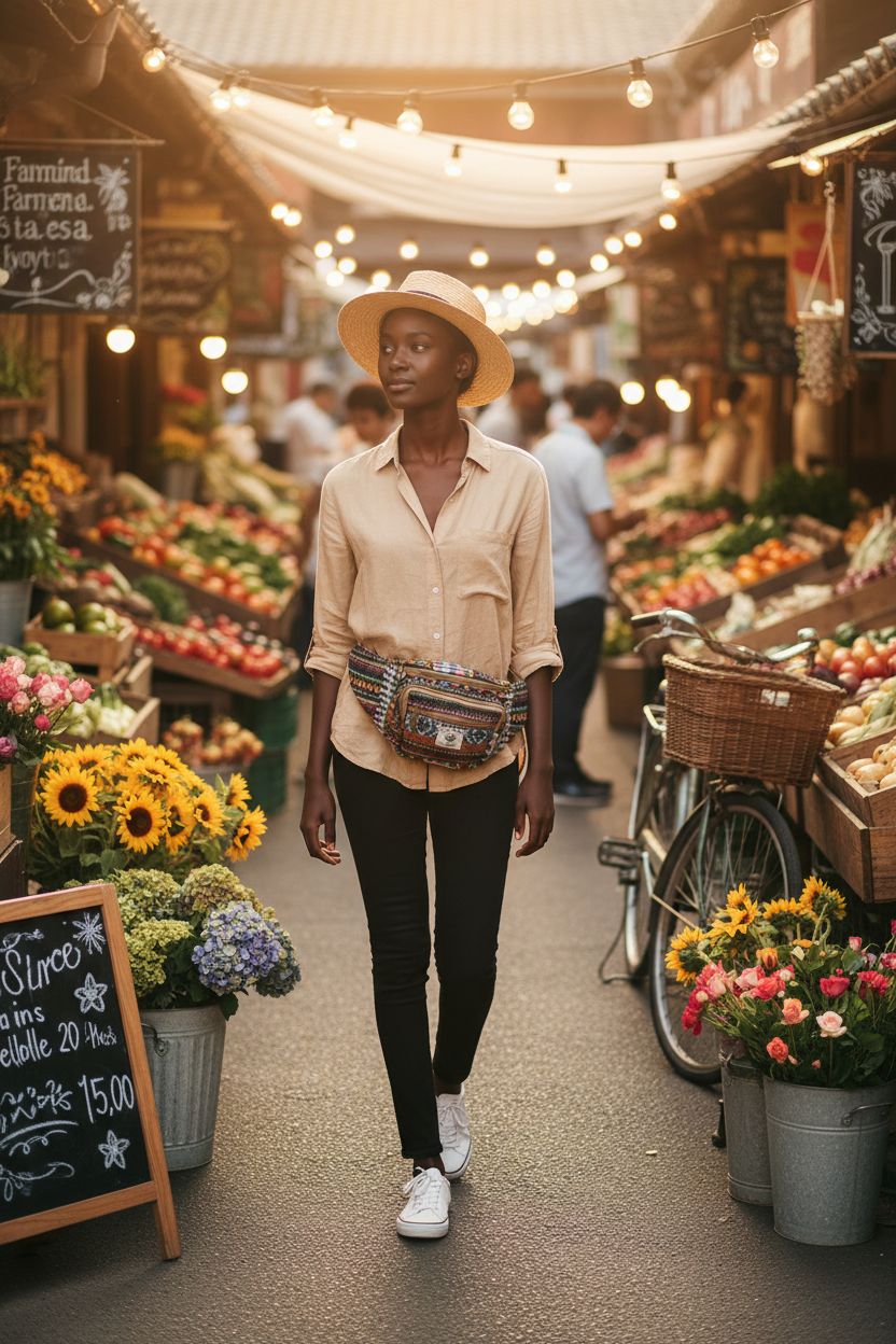 Multicolored hemp fanny pack from Suman Enterprises at a vibrant farmers market