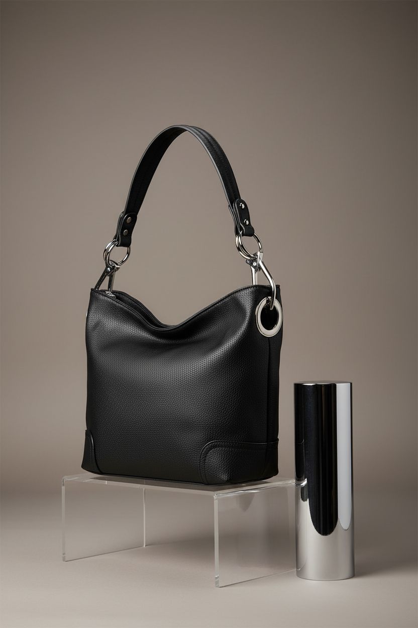 Detailed view of ALYSSA black hobo bag showcasing faux-leather texture and oversized snap hook.