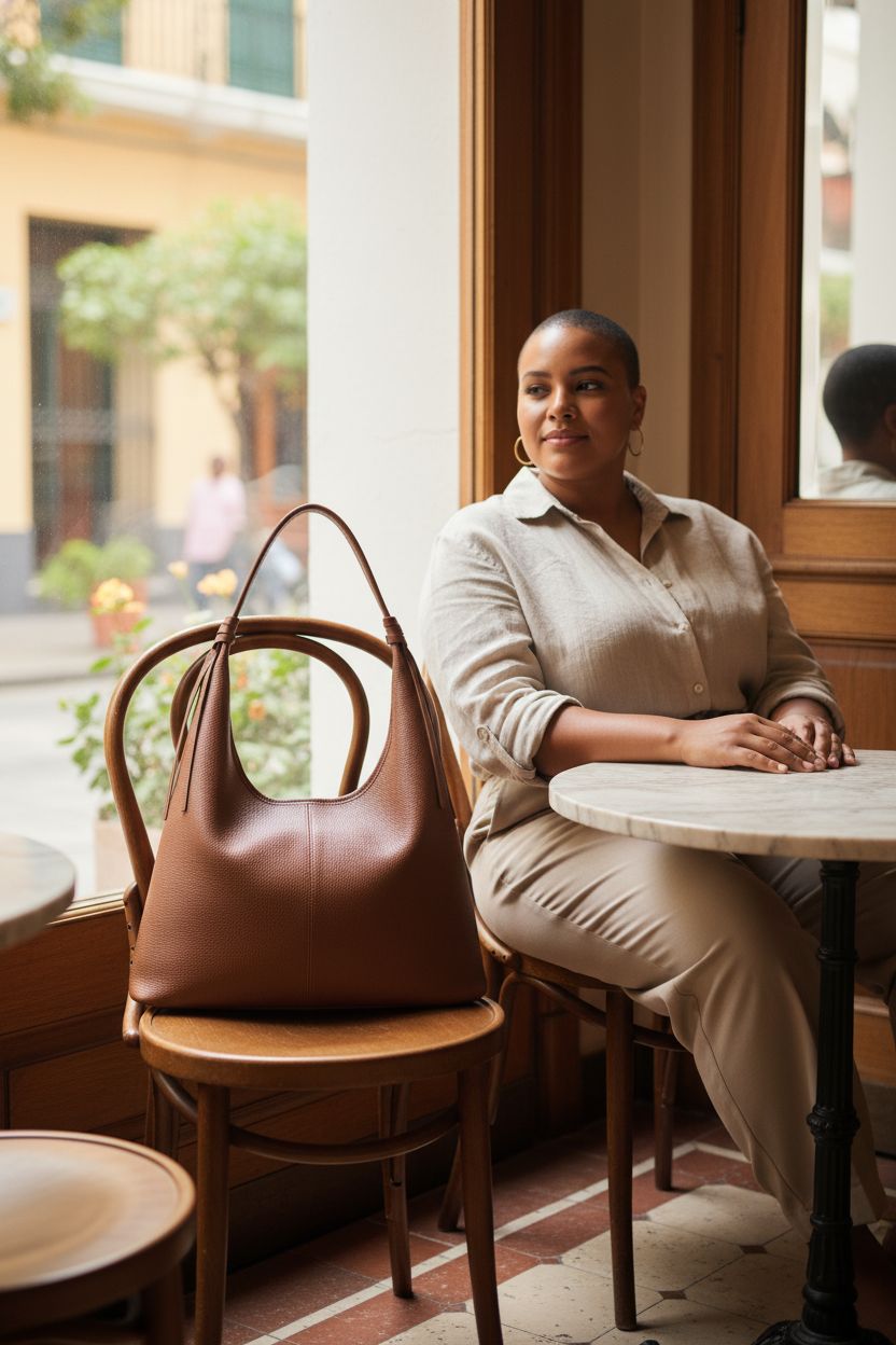 Befen hobo bag beside marble table in cozy café, showcasing rich leather details