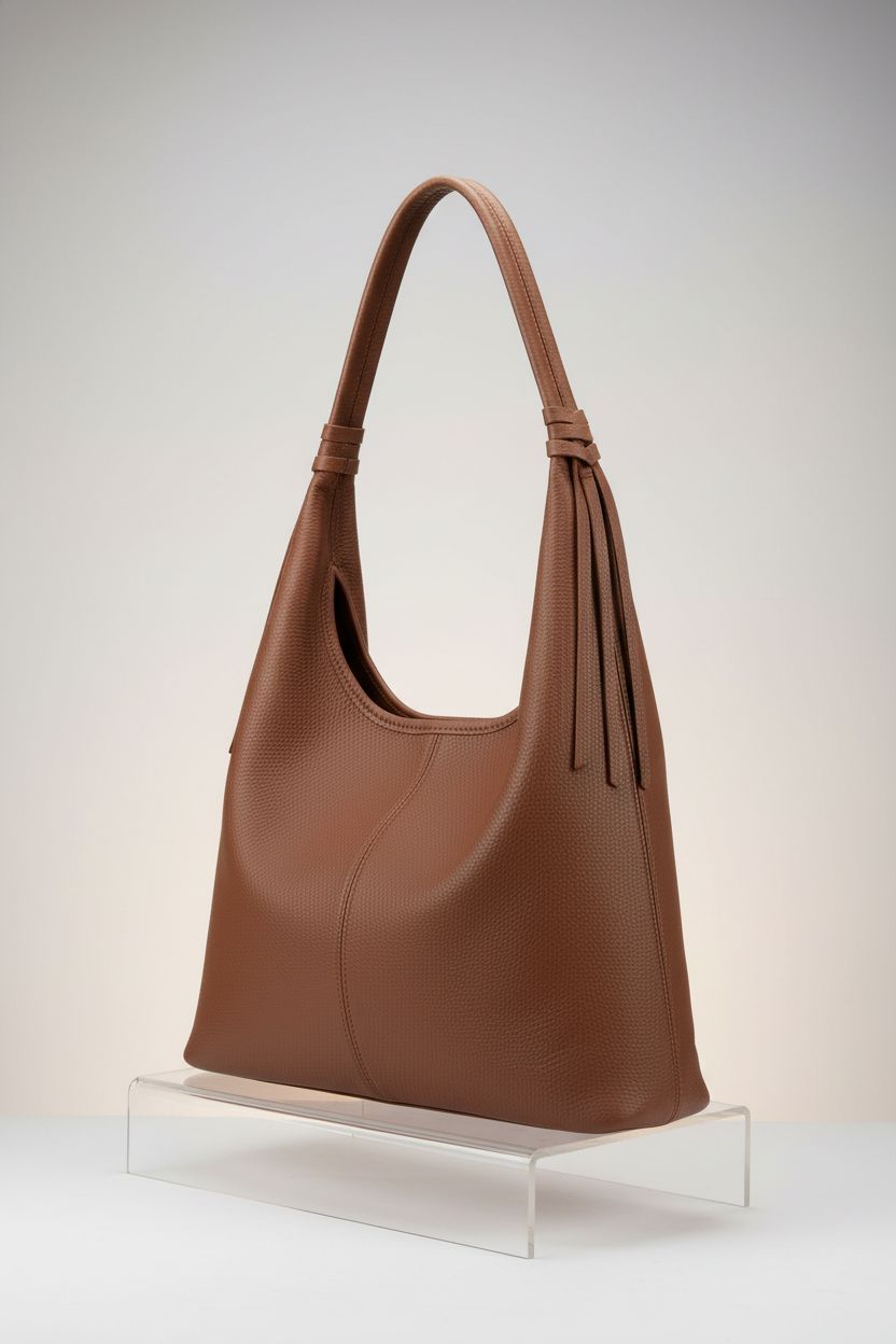 Befen hobo bag displayed on clear riser, highlighting its premium leather finish