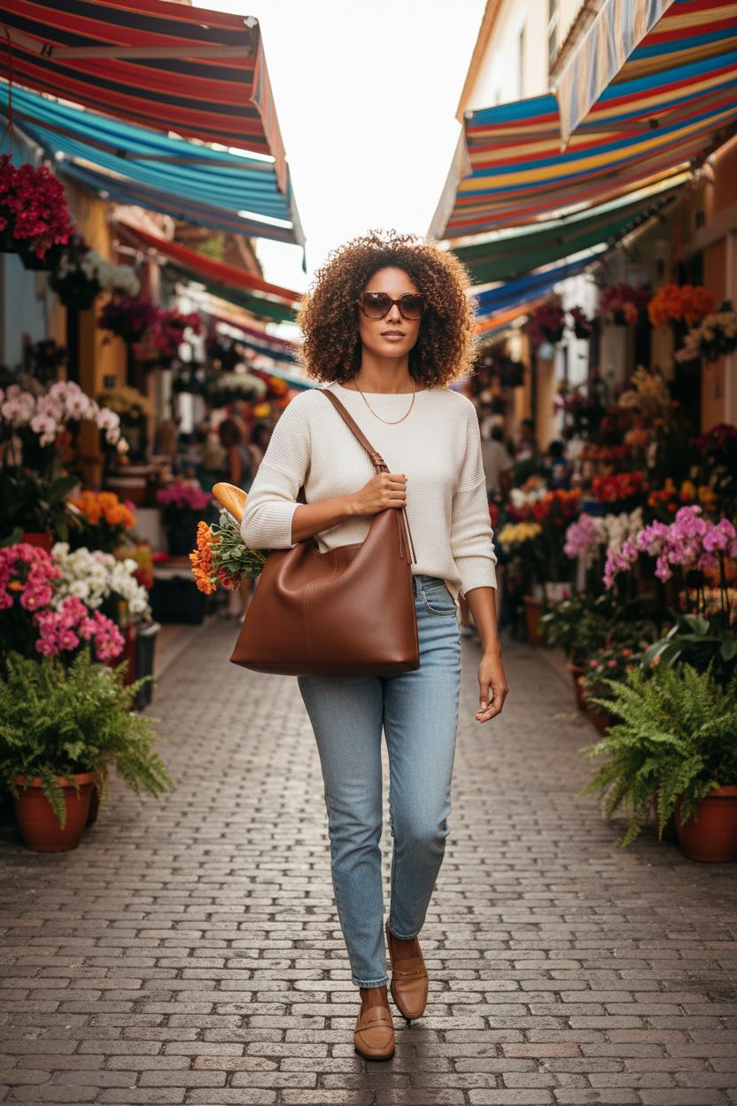 Befen brown slouchy hobo bag on shoulder, styled with casual outfit in market