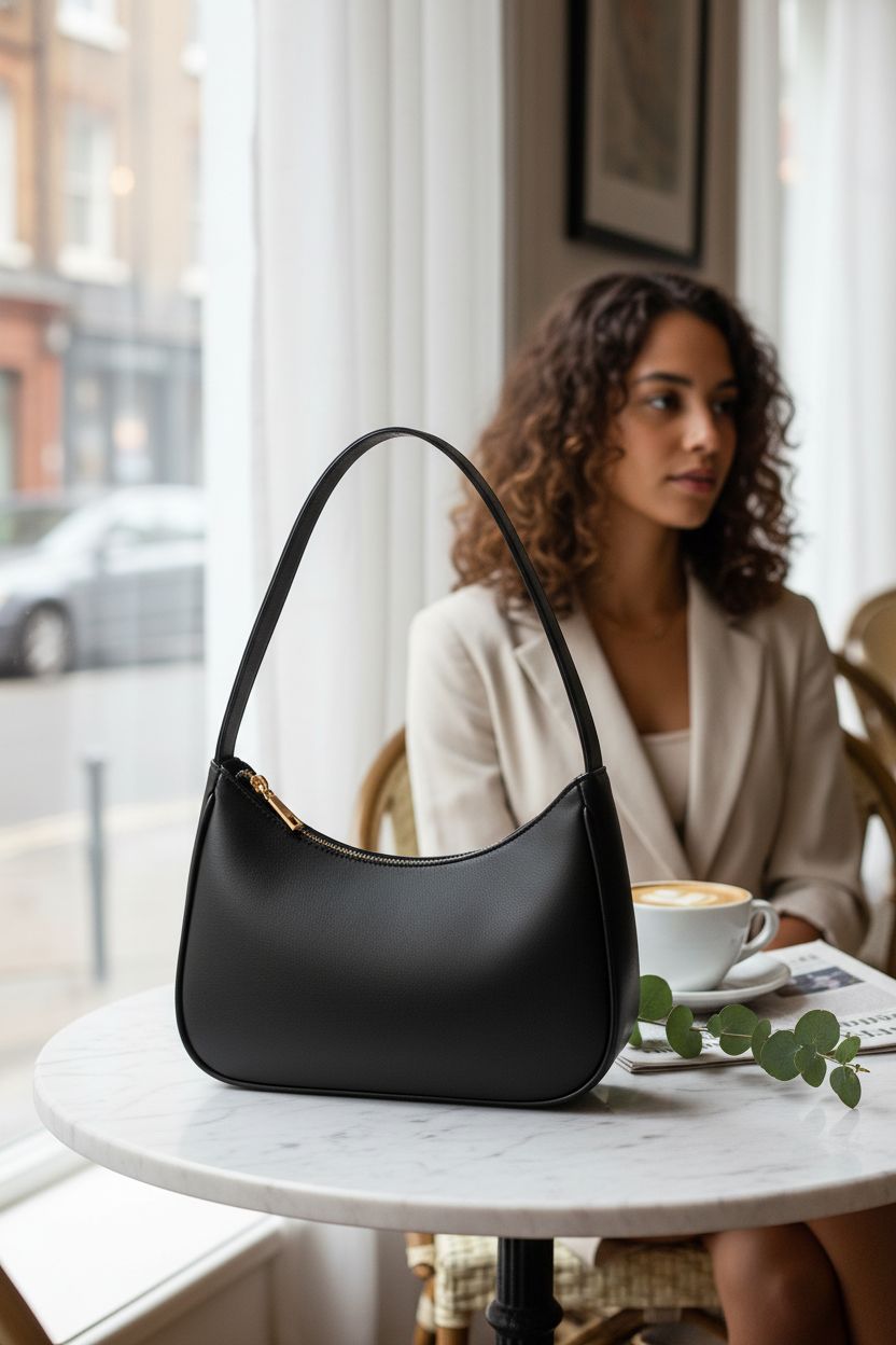 CYHTWSDJ black hobo handbag resting on a marble table in a cozy cafe setting.
