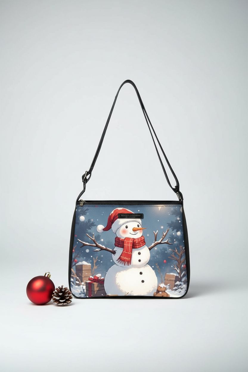 Leather bucket bag with adjustable strap on a winter backdrop, showcasing its design, Generic holiday purse