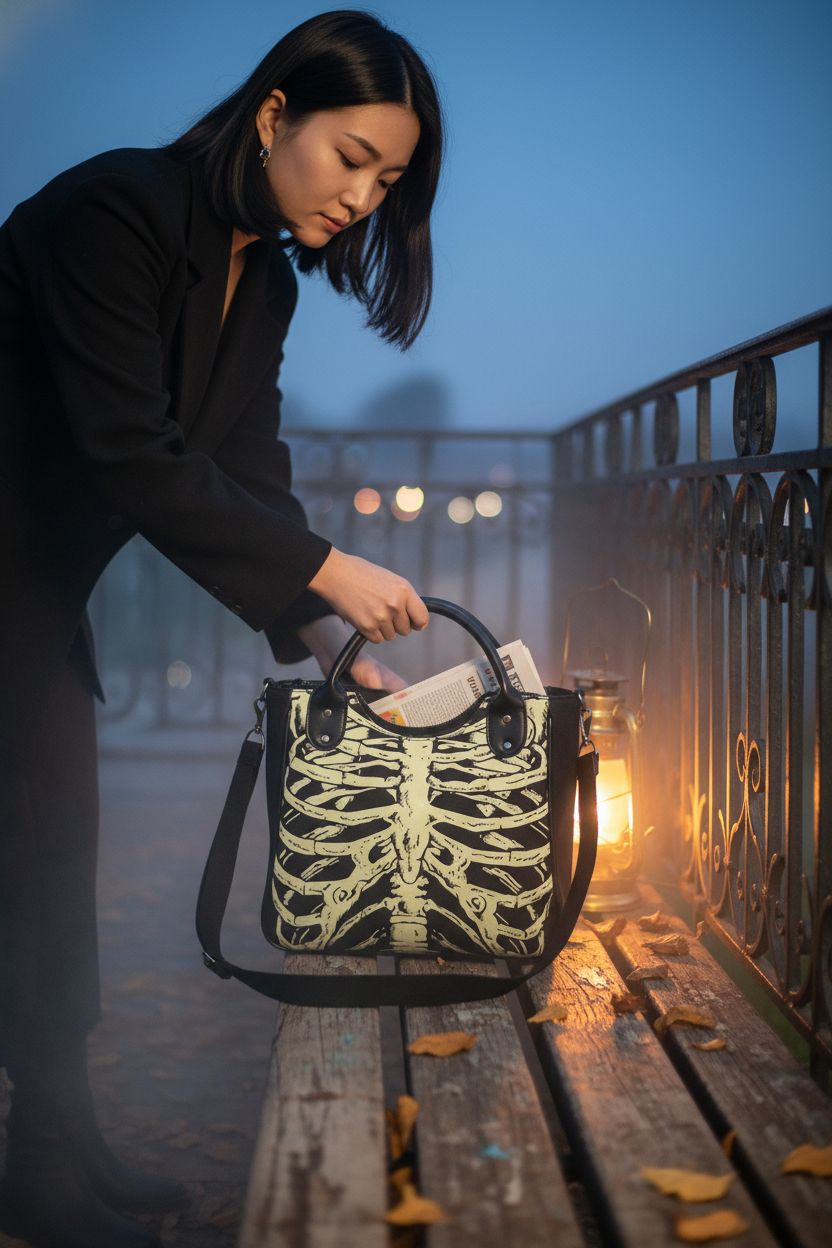 MEOKIM Luminous Fashion Skull Bag resting on a wooden bench amidst autumn leaves and lanterns.