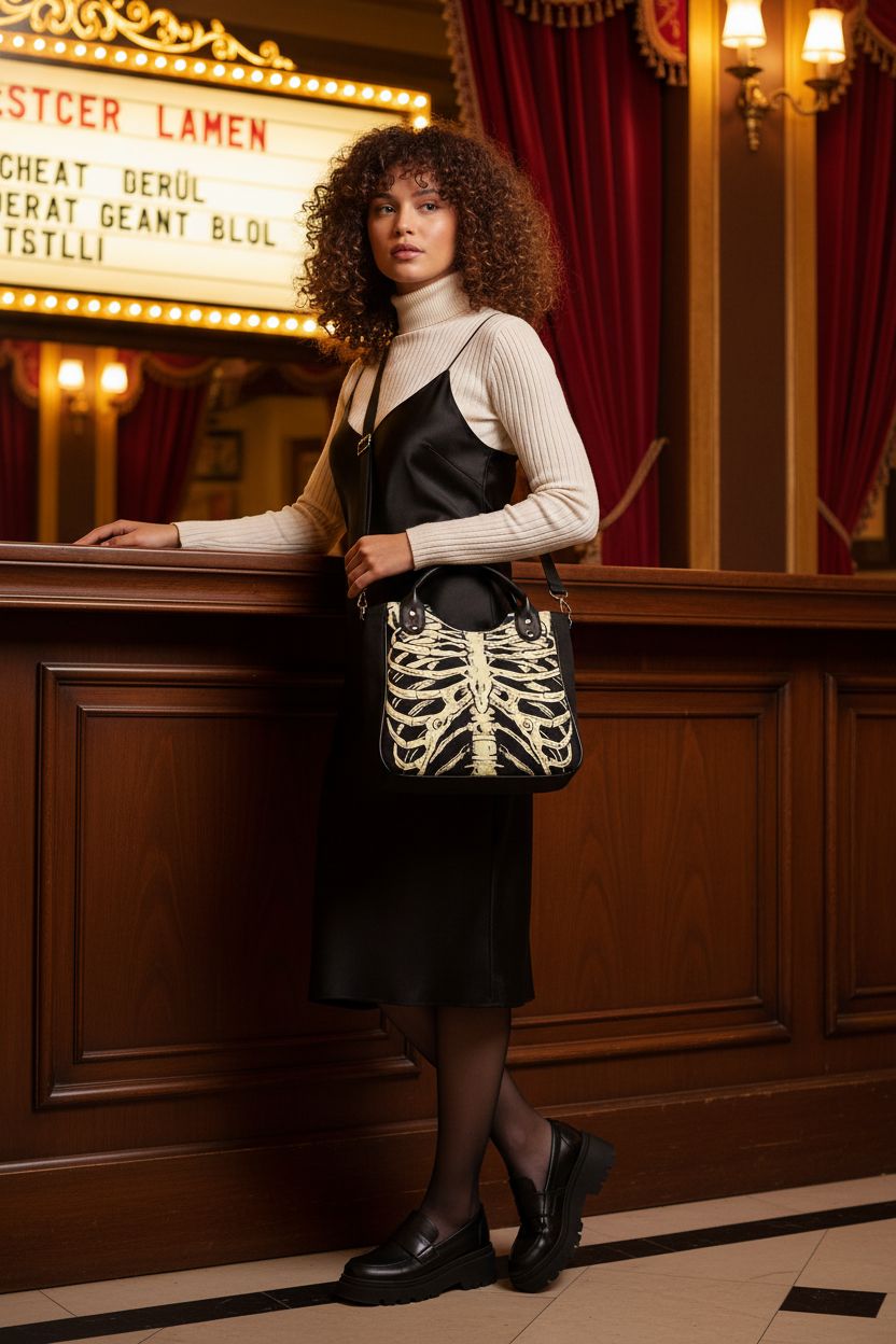 MEOKIM Gothic Crossbody Bag with skull print in a vintage cinema lobby ambiance.