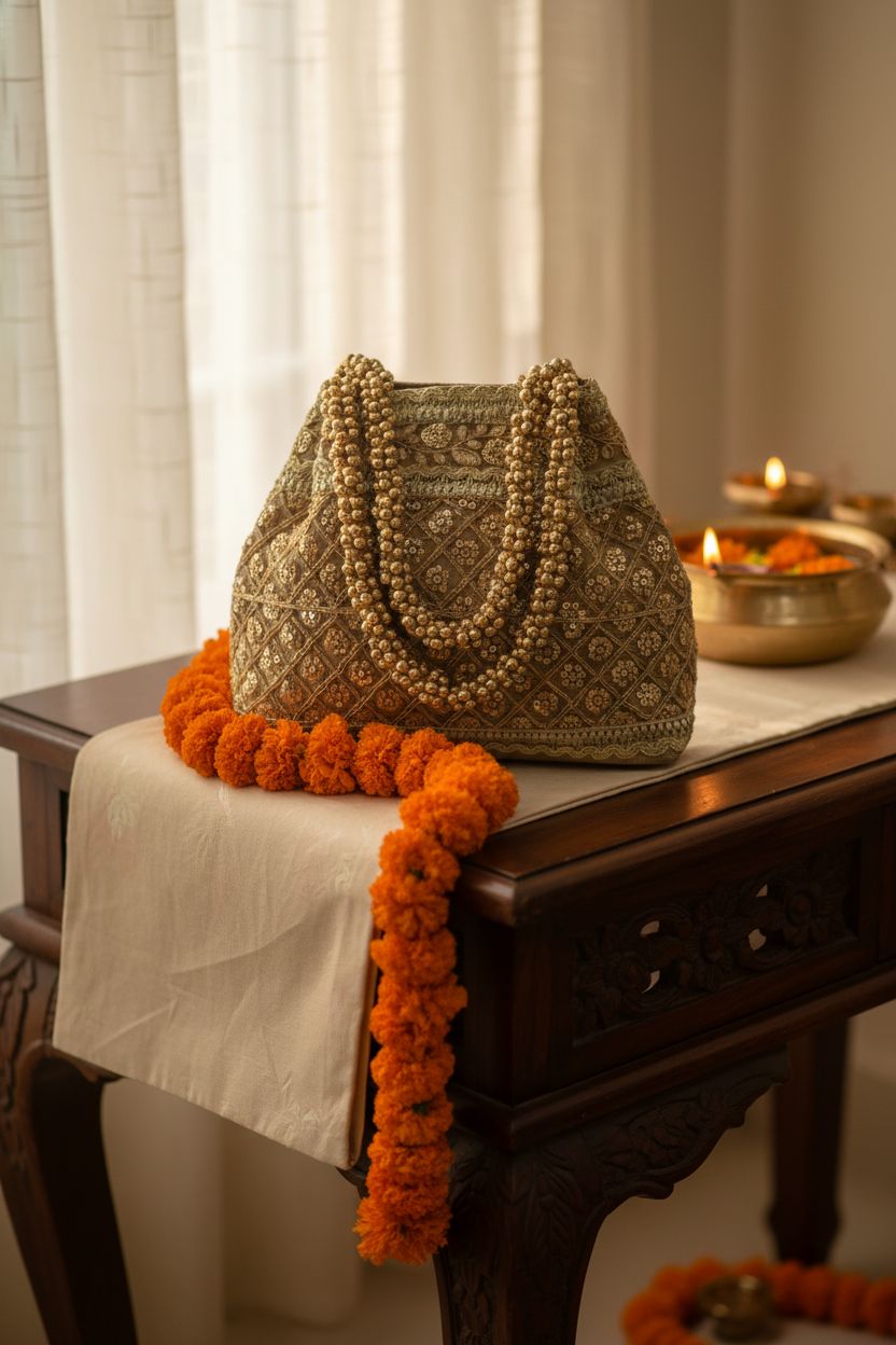 Aheli golden potli bag displayed in a serene Diwali vignette, showcasing its elegant embroidery.