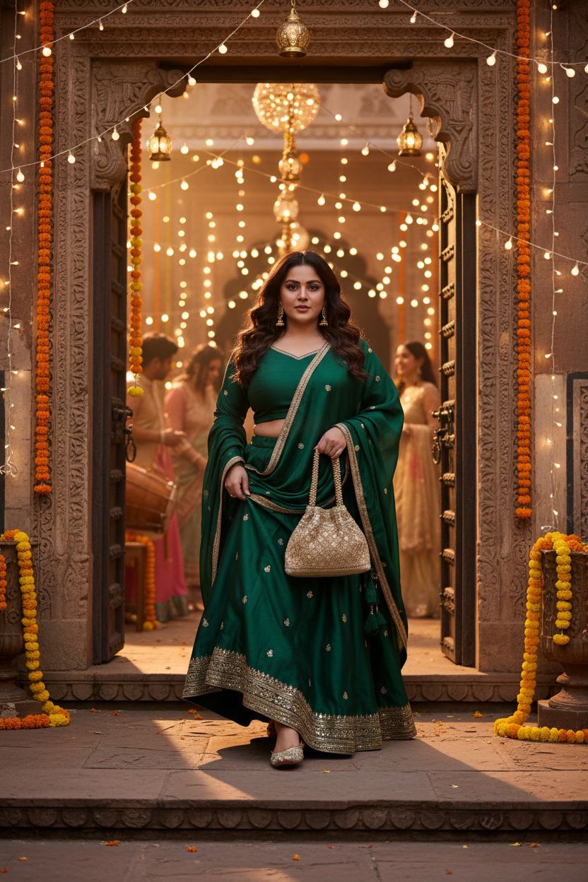 Aheli golden potli bag stands out against a deep emerald lehenga, perfect for festive occasions.