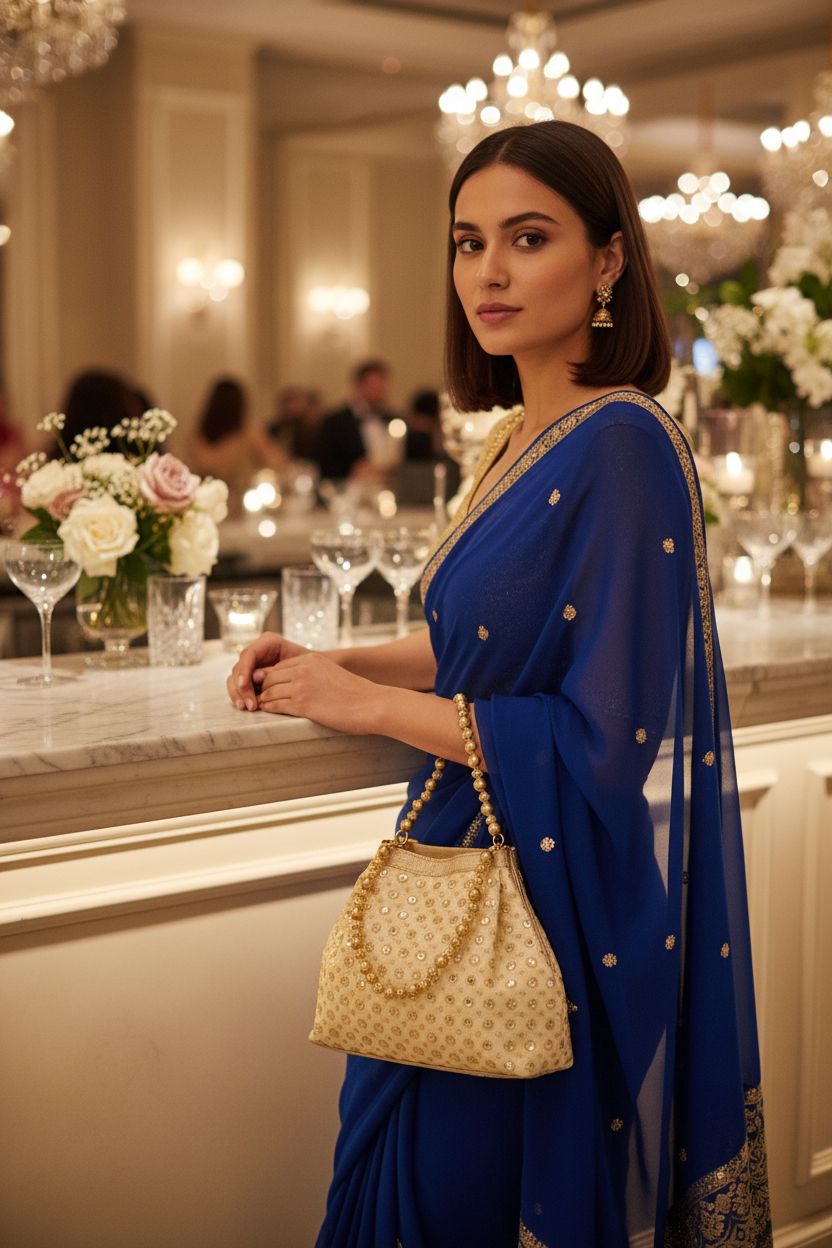 Elegant gold embroidered potli bag with pearl handle, perfect for weddings by LONGING TO BUY.