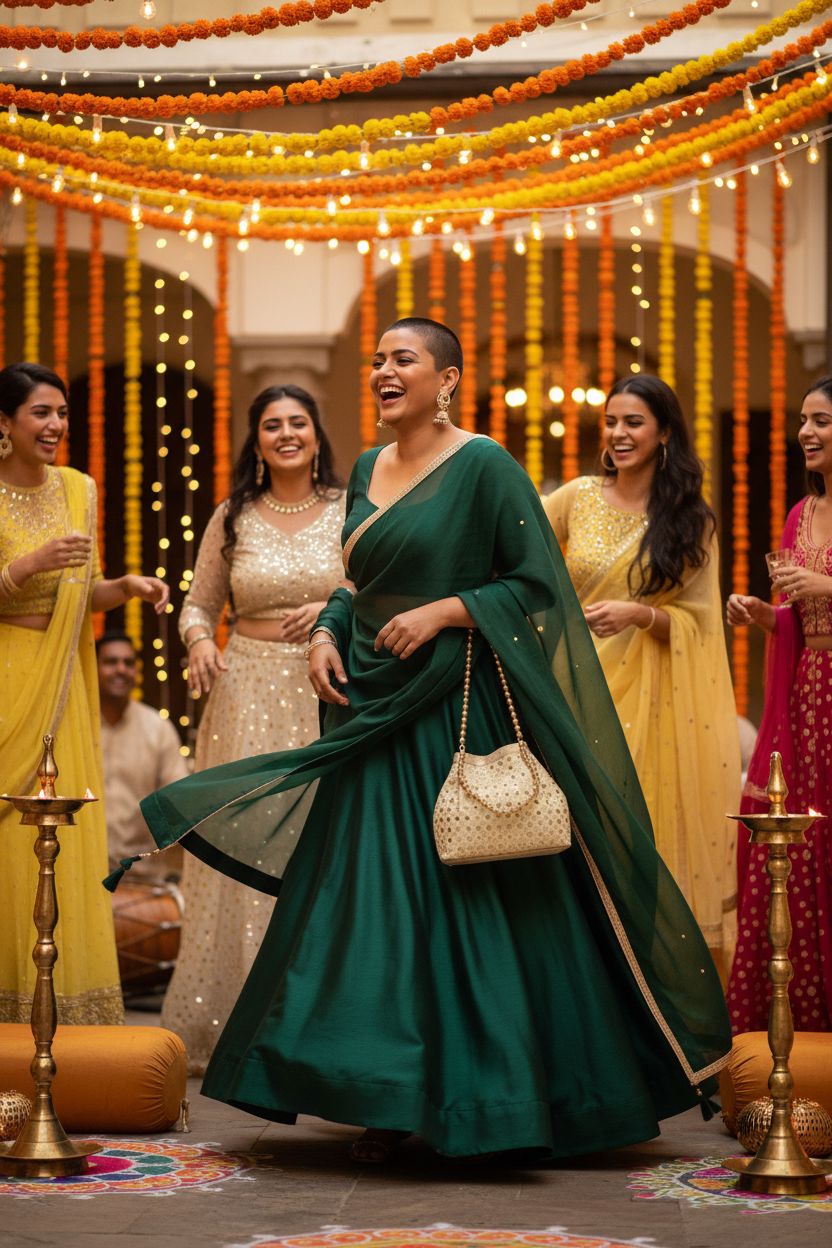 Charming golden potli bag swinging at thigh level, ideal for festive occasions by LONGING TO BUY.