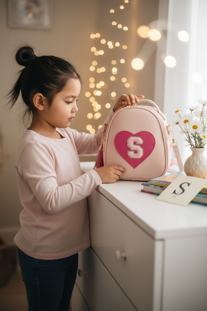 KKXIU blush-pink bag on a white dresser with books and daisies, cozy room setting.