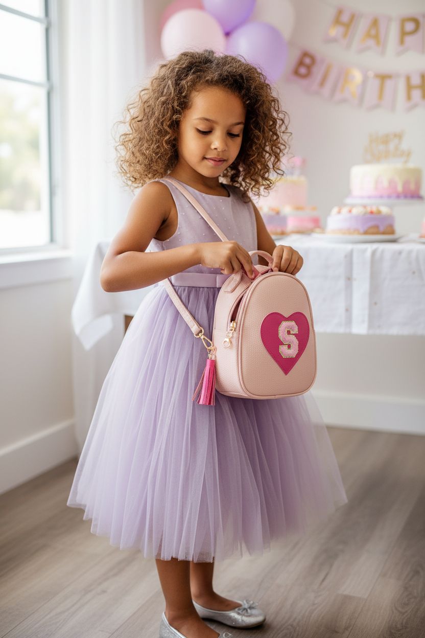 Blush-pink KKXIU purse with heart applique and tassel, styled with a lavender dress.
