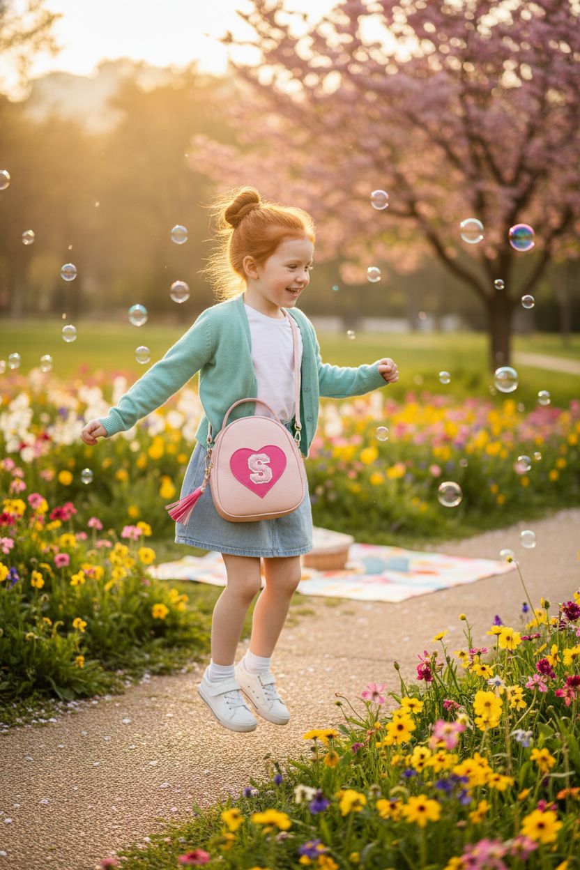 Blush-pink crossbody bag by KKXIU, swinging alongside a mint cardigan and denim skirt.