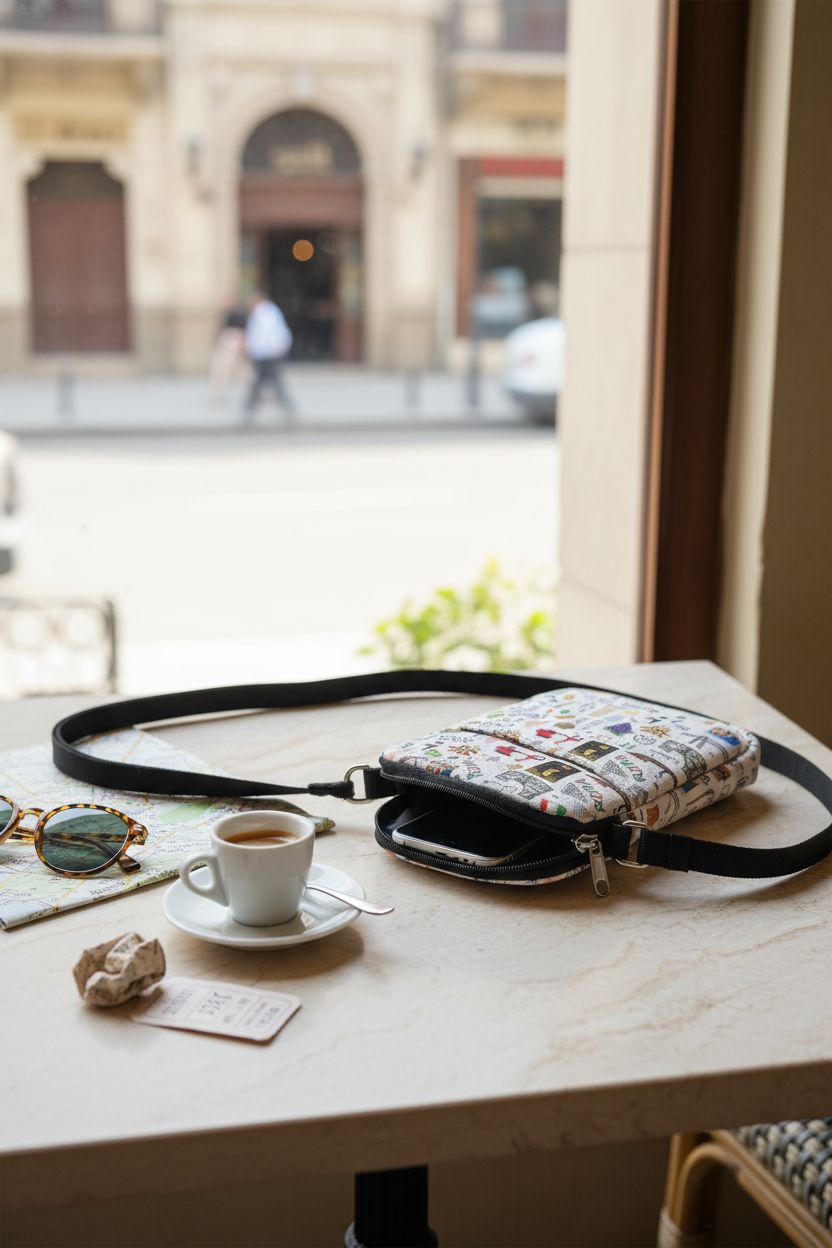 JNIAP Italian Crossbody Bag resting atop a marble table with travel essentials, evoking a cozy café atmosphere.