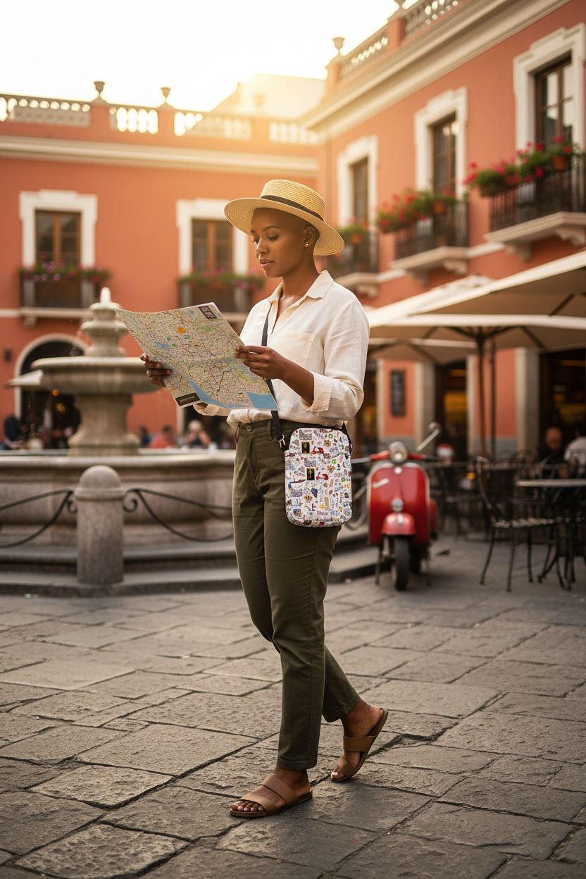 JNIAP Italian Crossbody Bag featured in a stylish outdoor piazza with cobblestones and a fountain.