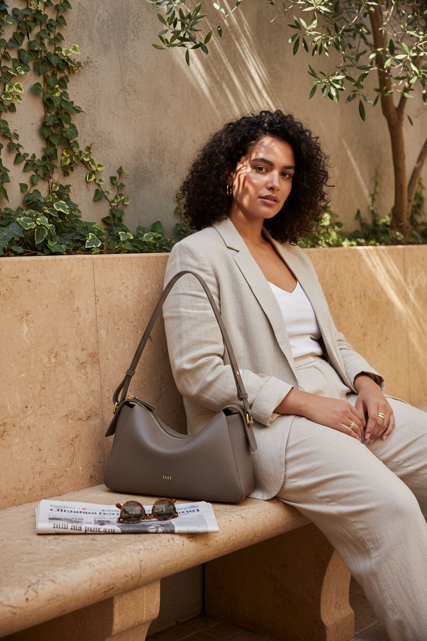ELLE grey Togo leather bag resting on a travertine bench in a serene courtyard