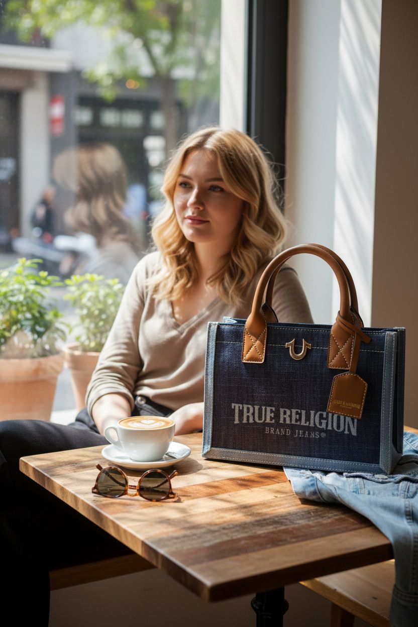 Sunny café scene with True Religion denim tote bag resting on a wooden table, perfect for casual outings.