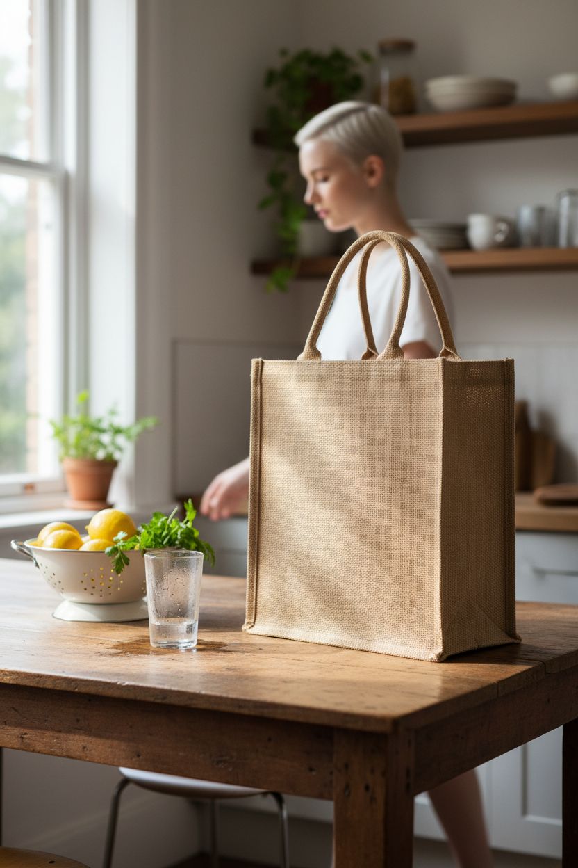 BJFCEK jute tote bag in a cozy kitchen setting, capturing its charm and practicality for daily life.