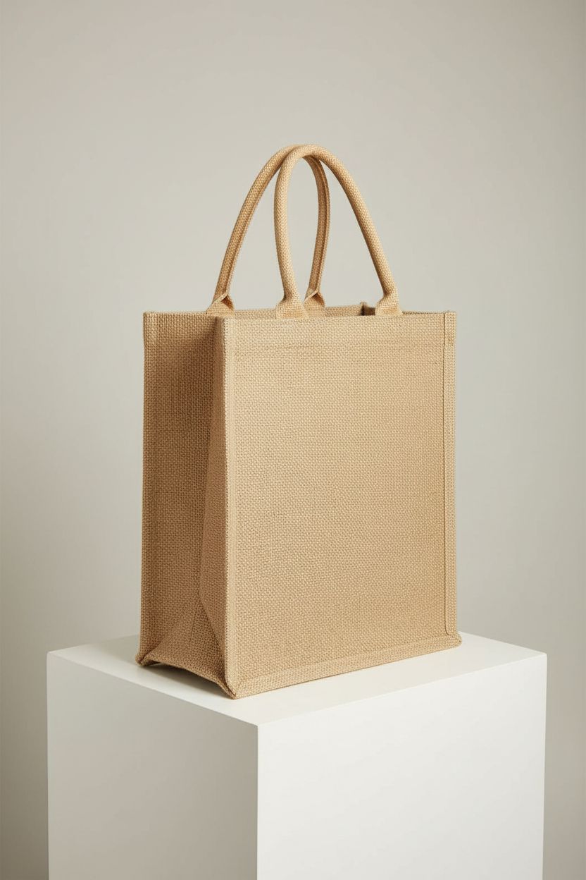 BJFCEK jute tote bag displayed on a minimal backdrop, highlighting its structure and durable design.