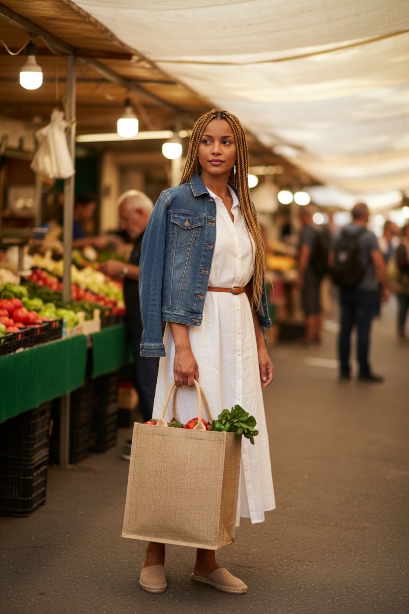 BJFCEK jute tote bag at a farmers market with fresh produce visible, perfect for shopping.