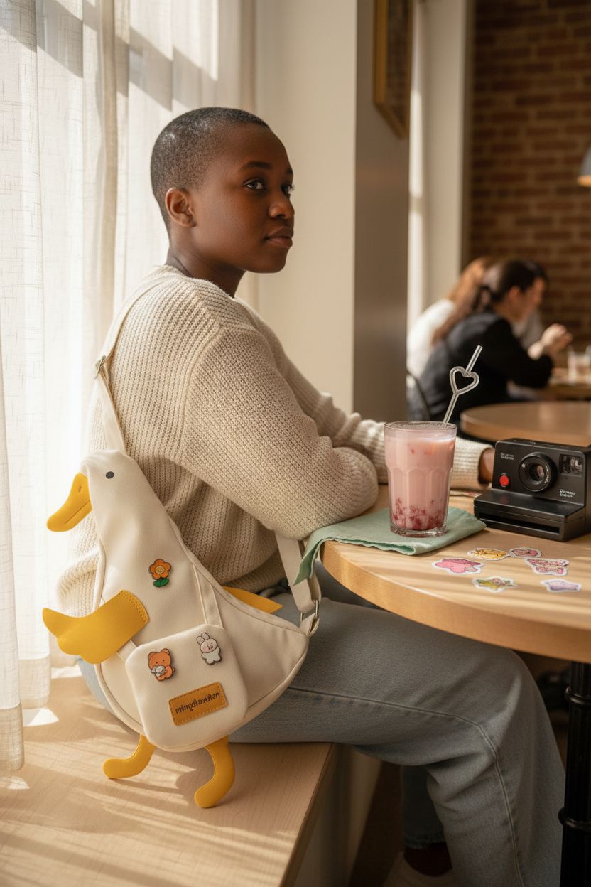 PRLINJSK kawaii duck bag resting on a café table with strawberry milk tea, creating a cozy vibe.