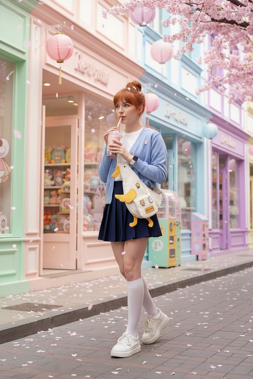 PRLINJSK kawaii purse featuring a cute duck design in a playful pastel street setting.