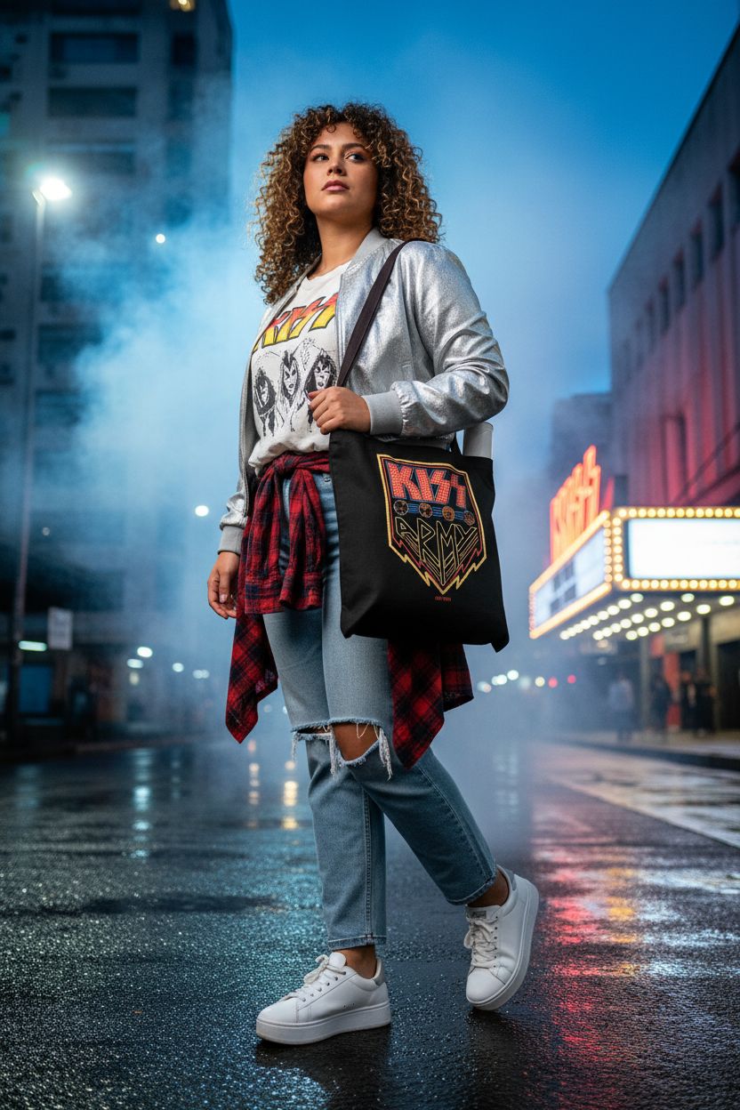 KISS Army tote bag hanging on hip at a concert venue during blue hour, vibrant and stylish.