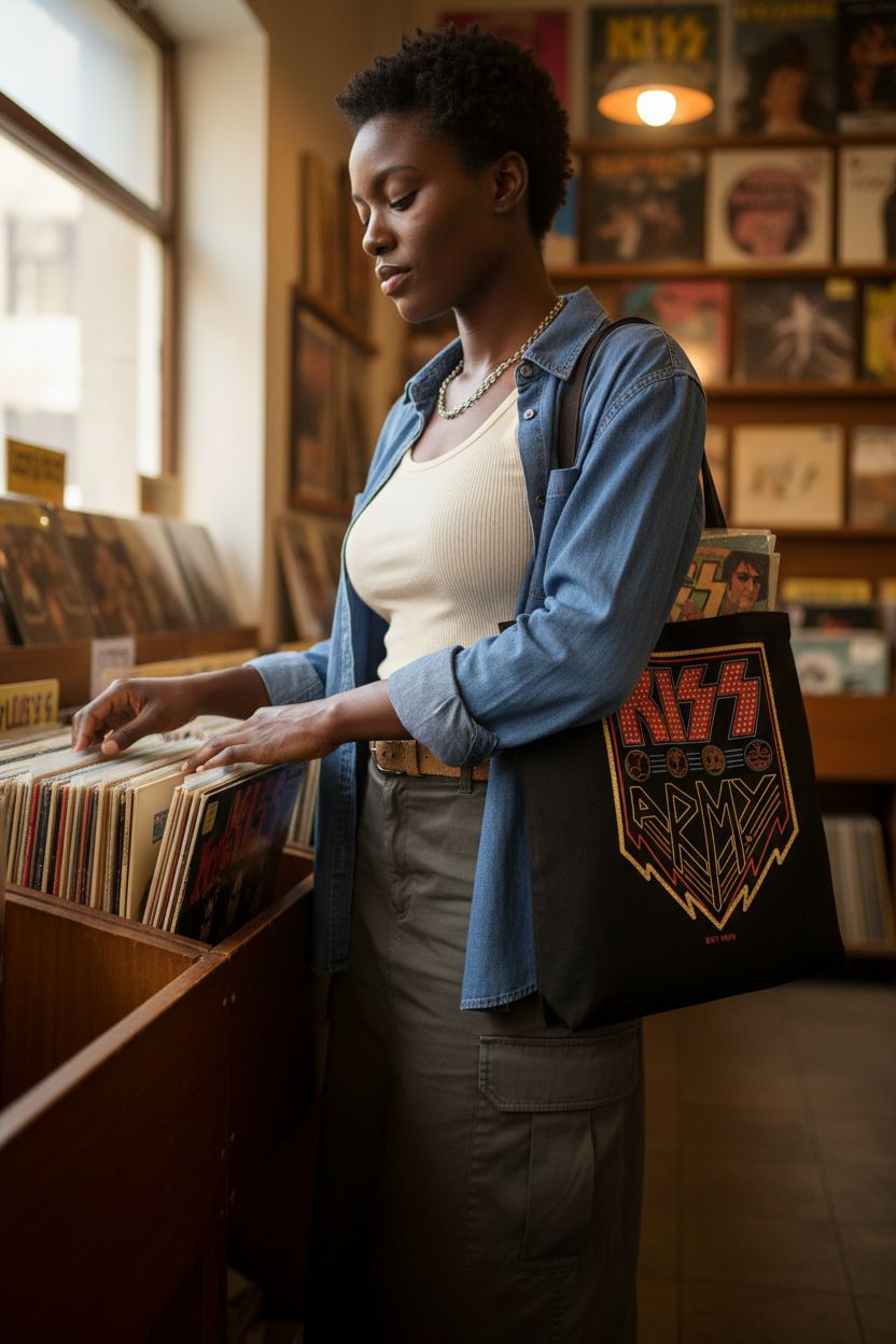 KISS Army tote bag on shoulder in a cozy record store, showcasing logo and vinyl.