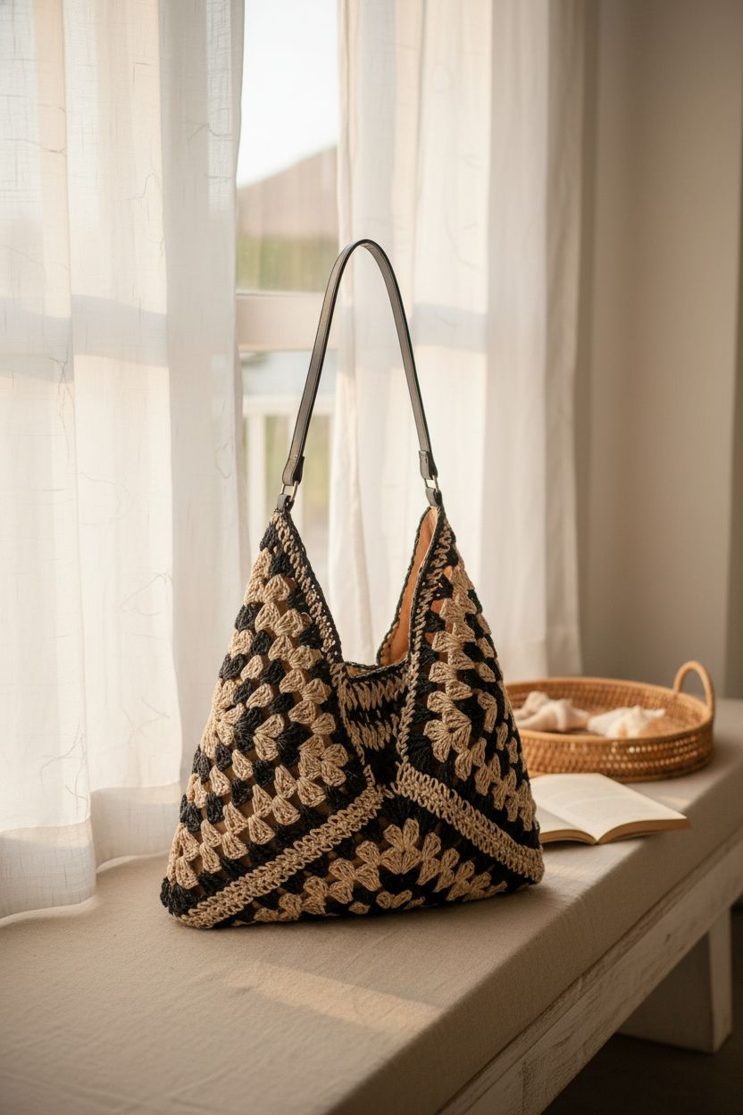 Orgone black and natural crochet tote on a linen backdrop, evoking beach vibes.