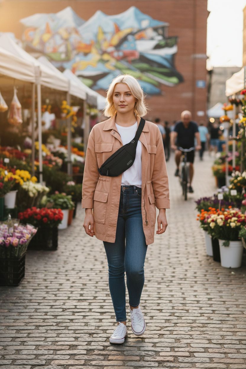 MAXTOP stylish black crossbody bag worn at a vibrant street market, ideal for hands-free activities.