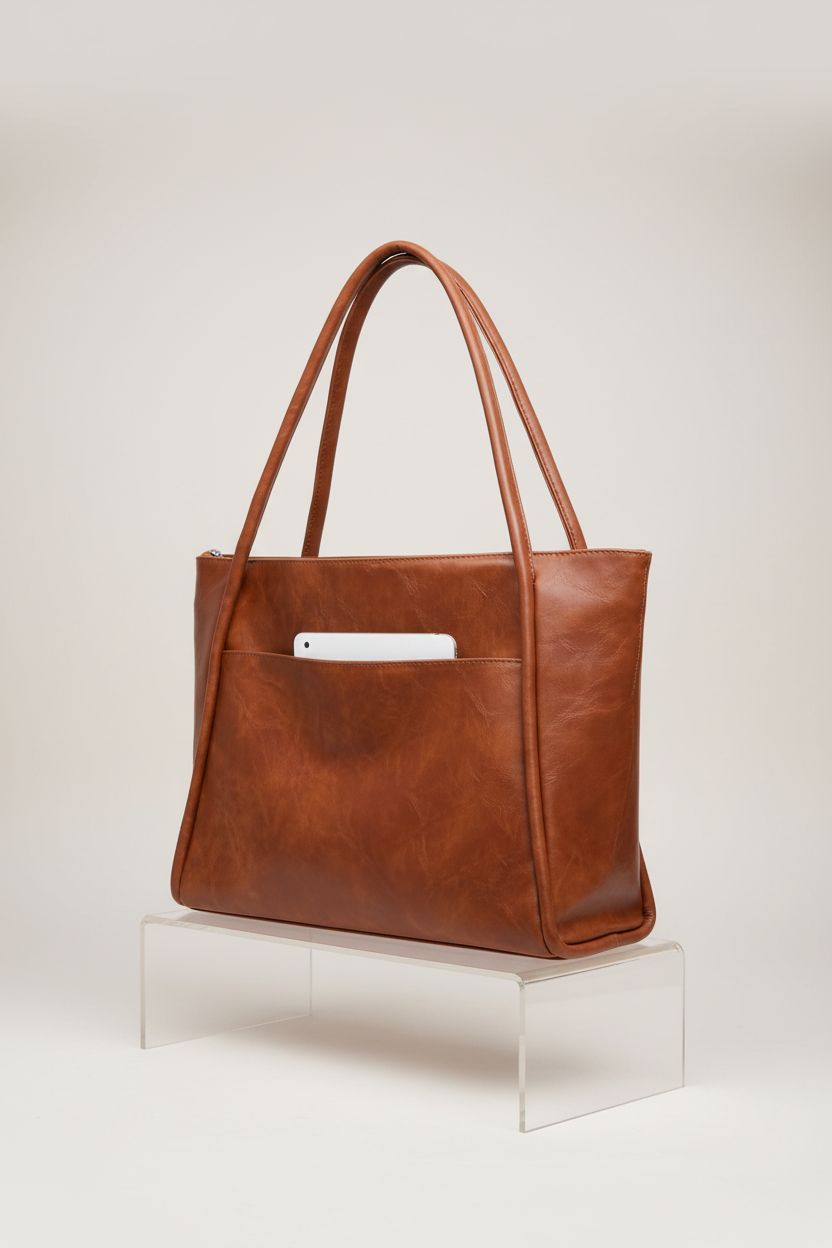 Utenwat large brown tote bag on minimal backdrop, highlighting vegan leather craftsmanship and zipper