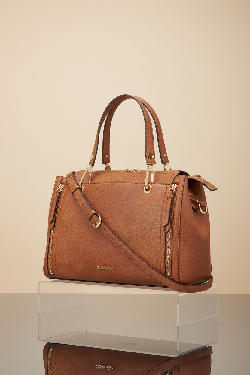 Close-up of Calvin Klein Reyna satchel in caramel, showcasing its vegan leather and exquisite craftsmanship.