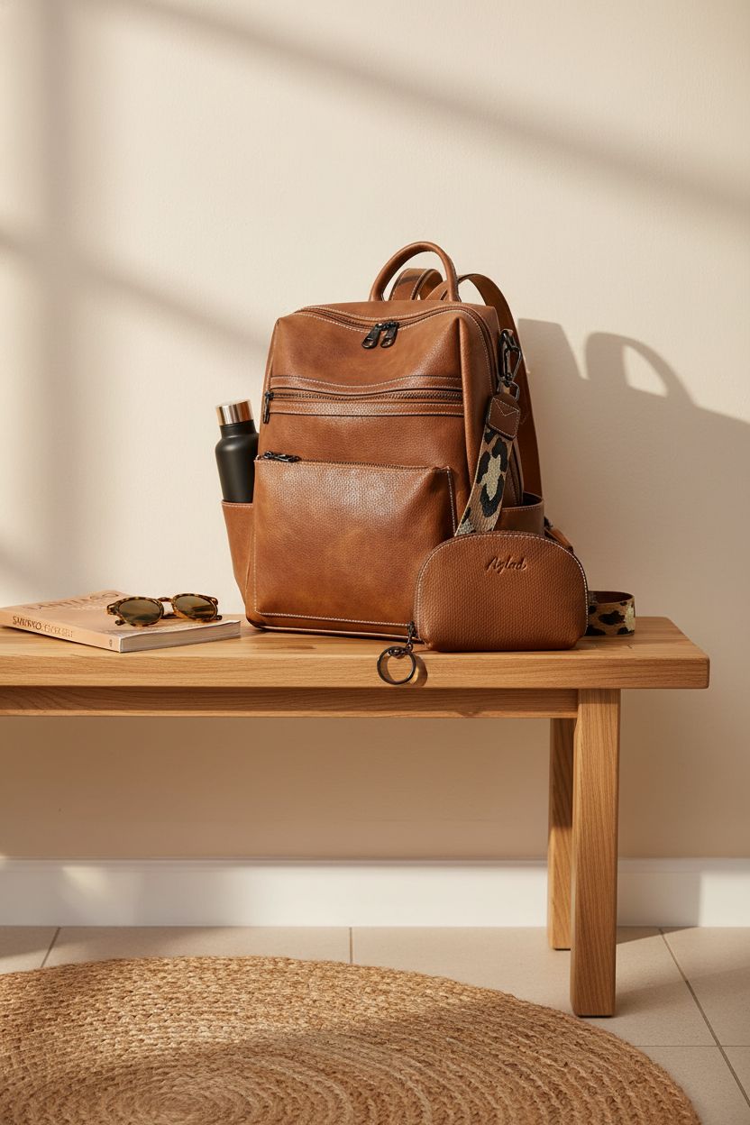 AGLOD leather backpack in a cozy entryway, complemented by matching wallet and stylish accessories on a woven rug.
