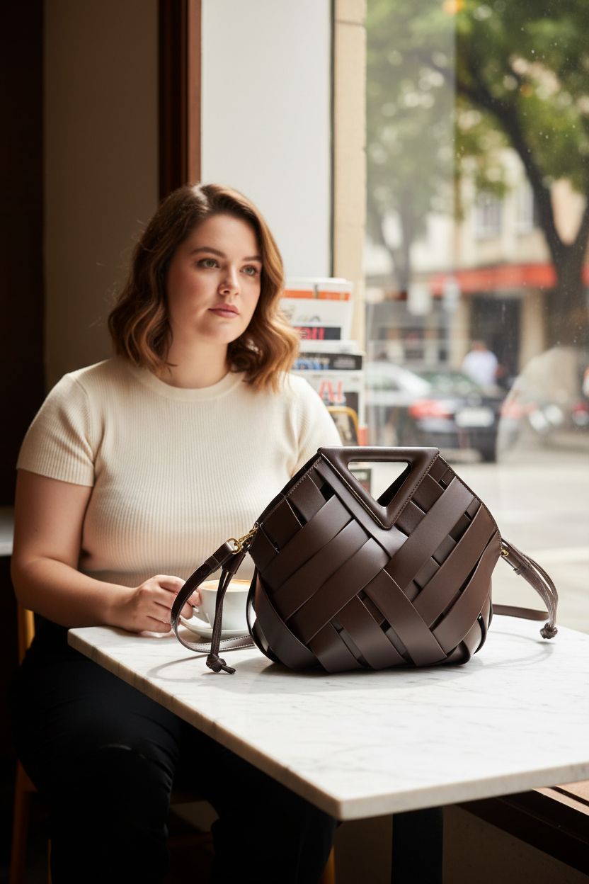 Dark coffee woven bucket bag by Twifob resting elegantly on a marble table in a sunlit café nook