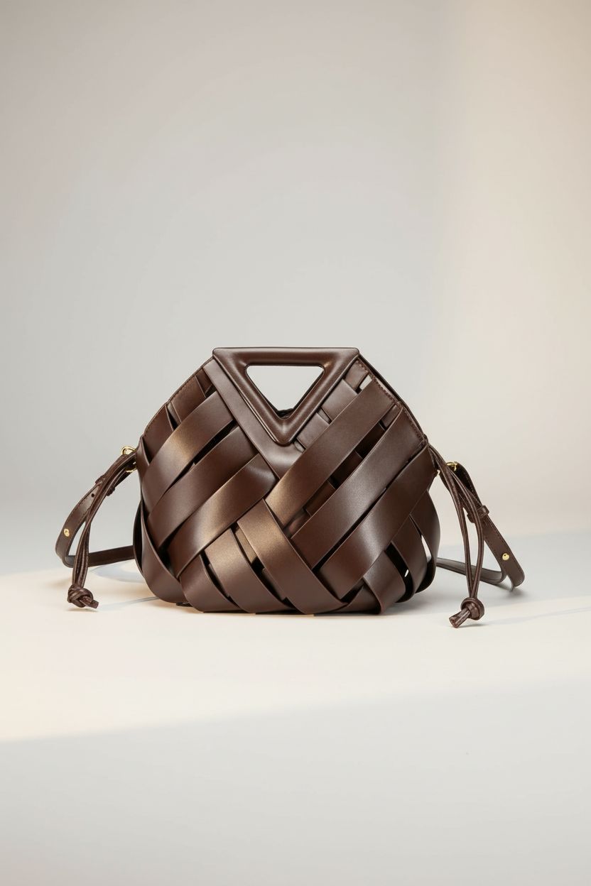 Product-focused shot of Twifob's dark coffee vegan leather bucket bag, highlighting its woven design and craftsmanship